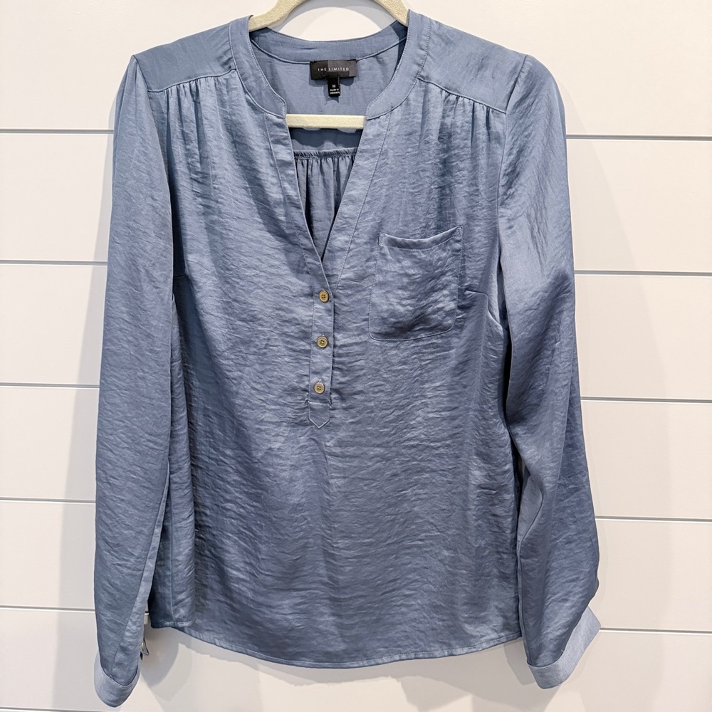 The Limited Light Blue Satin Henley Blouse